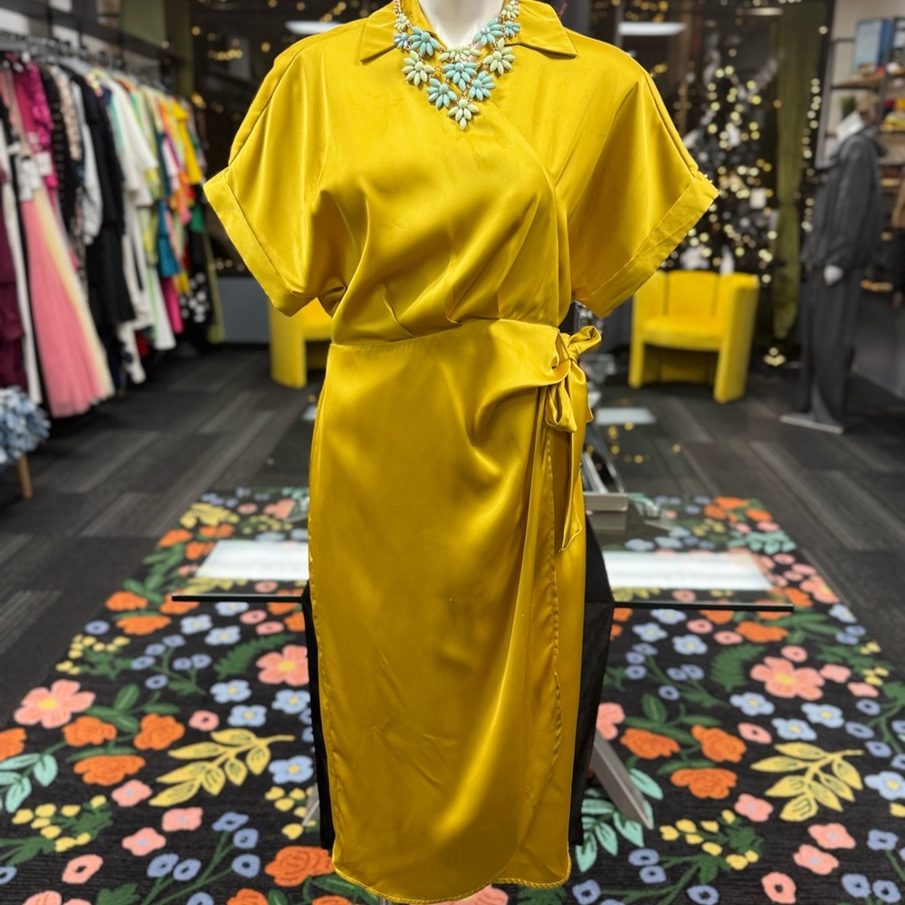 Elegant Satin Wrap Dress in Yellow